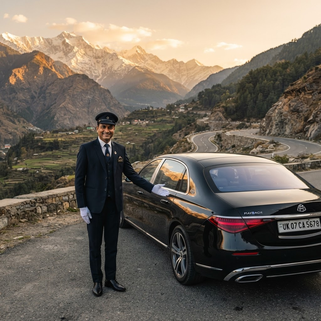 Driver standing beside a vehicle on a Himalayan road