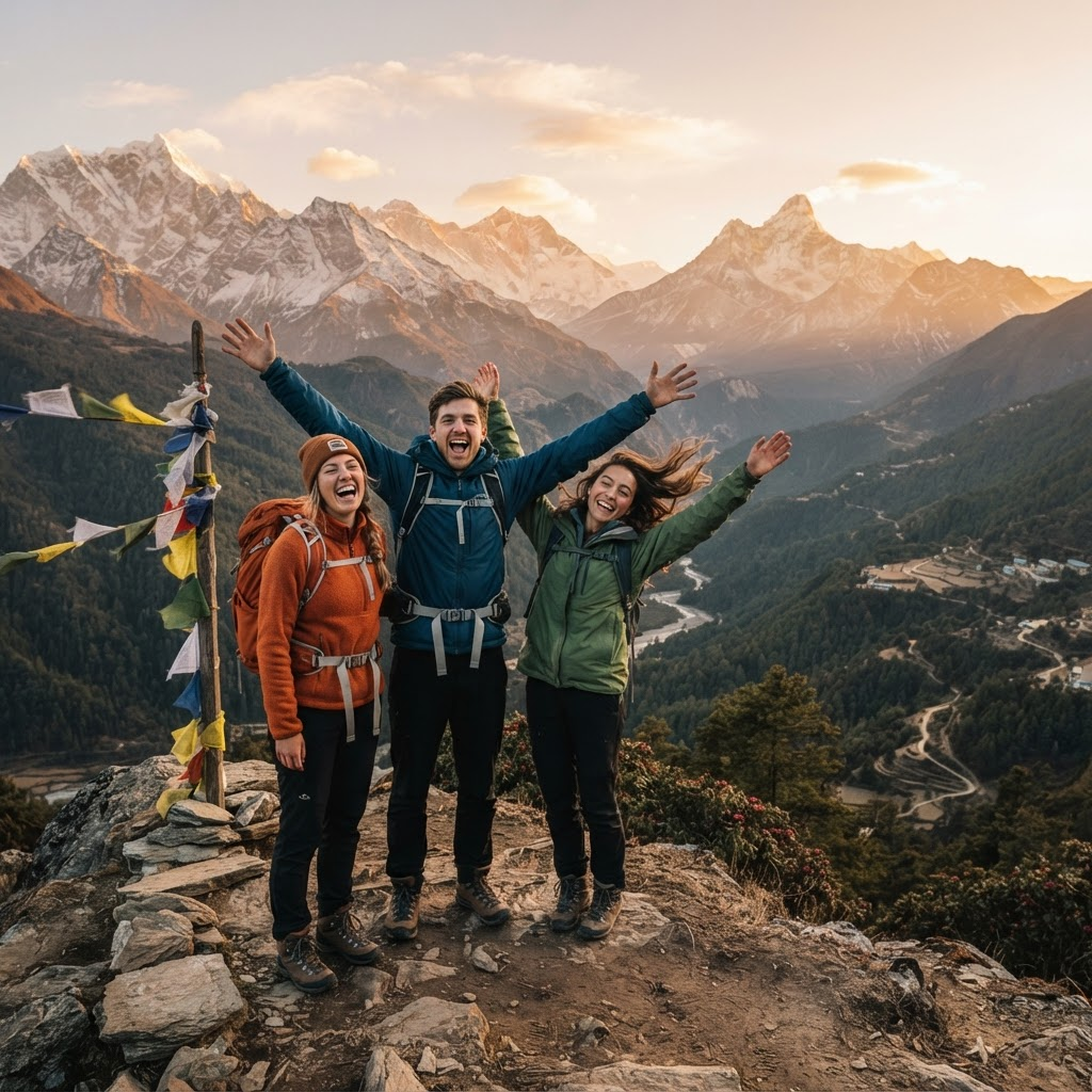 Joyful tourists at a Himalayan viewpoint
