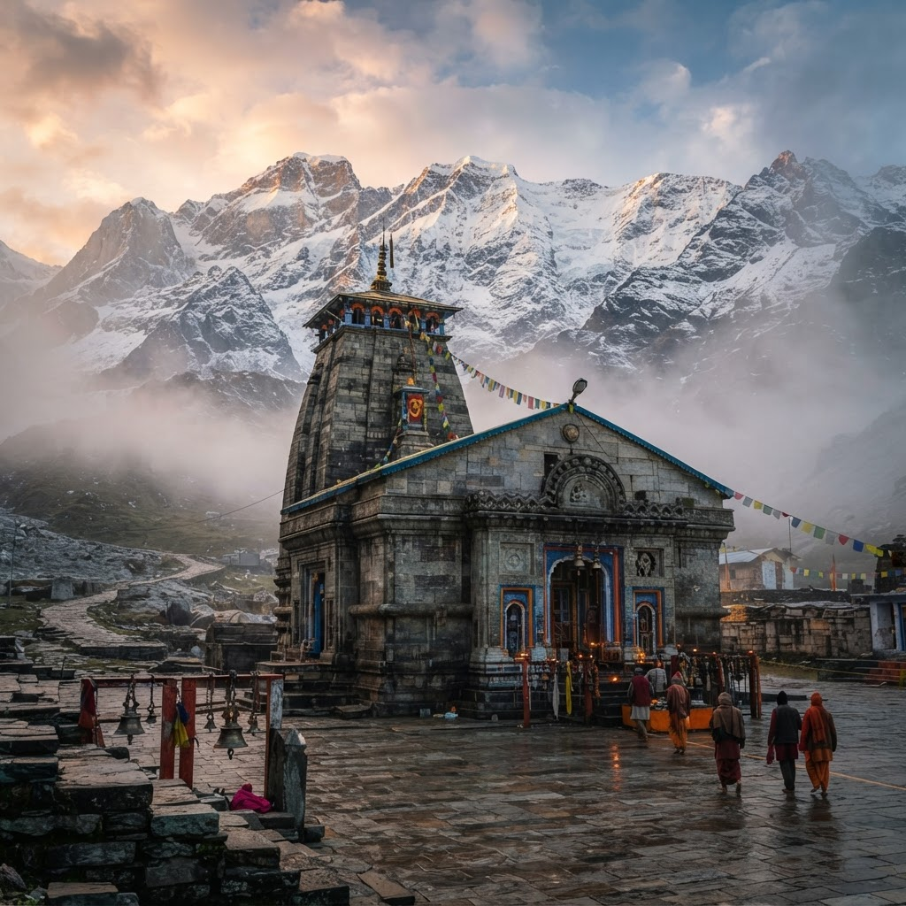 Sacred Himalayan temple against snow mountains at dawn